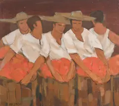 Philippines, a study of five male figures with gathered fruit by Oscar de Zalameda, oil on canvas, sold Jun 2024