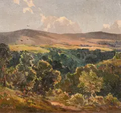 A sweeping landscape by Alec Carruthers Gould, oil on canvas, sold Jun 2024