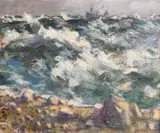A coastal view with a vessel in rough seas by Dudley Dixon, oil on canvas, sold Jun 2024