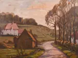 A country road between houses with a hilltop church at dusk by John Brown, oil on board, offered Jun 2024