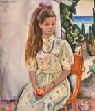 Portrait of a young girl seated outdoors with the sea beyond by Boris Korzhevski, oil on canvas, offered Jun 2024