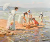 Elegant children playing on a beach by Alexandre Averin, oil on canvas, sold Jun 2024
