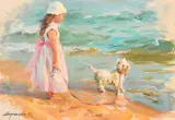 A young girl and her dog on a beach by Sergey Marchenko, oil on canvas, sold Jun 2024