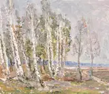 Ukrainian, a view of birch trees in spring by Vera Dovgalevskaya, oil on board, sold Jun 2024