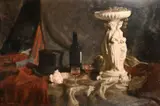 A still life of a classical tazze with wine and a top hat by George Weissbort, oil on board, sold Jun 2024