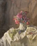 A still life of a jug of flowers with grapes set on a white cloth by George Weissbort, oil on board, sold Jun 2024