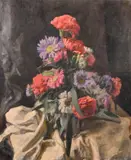 A still life of flowers and foliage on a white tablecloth by George Weissbort, oil on board, sold Jun 2024
