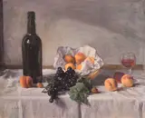 A still life of fruit and wine on a white tablecloth by George Weissbort, oil on canvas, sold Jun 2024