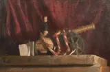 A still life study of items on a shelf including a canon by George Weissbort, 1965, oil on canvas, sold Jun 2024