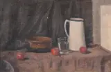 A still life of kitchen objects and tomatoes by George Weissbort, oil on canvas, sold Jun 2024