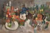A semi abstract landscape view with figures by George Weissbort, oil on board, sold Jun 2024