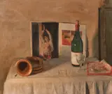 A study of a wine bottle alongside an open book featuring female by George Weissbort, oil on canvas, sold Jun 2024