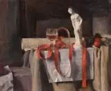 Still life study of a figurine and sheet music by George Weissbort, oil on canvas, sold Jun 2024