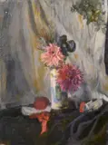 A still life of flowers in a blue and white vase by George Weissbort, oil on canvas, sold Jun 2024