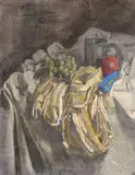 A still life of fruit and a pewter tankard by George Weissbort, oil on canvas, sold Jun 2024