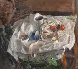 A still life of fruit and a pewter tankard amongst linen by George Weissbort, oil on canvas, sold Jun 2024