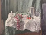 A still life of grapes and a tea pot on a white tablecloth by George Weissbort, oil on canvas, sold Jun 2024