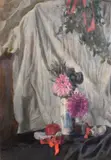 A still life of flowers in a blue and white vase by George Weissbort, oil on canvas, sold Jun 2024