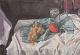 A still life of objects on a white tablecloth by George Weissbort, oil on canvas, sold Jun 2024