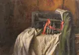 A still life of a cornet and ribbon on a tablecloth by George Weissbort, oil on canvas, sold Jun 2024