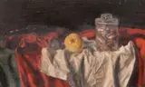 A still life of fruit and a jar on a tabletop by George Weissbort, oil on canvas, sold Jun 2024