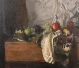 A still life of fruit and other objects on a tabletop by George Weissbort, oil on canvas, sold Jun 2024