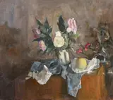 A still life of flowers and other objects on a tabletop by George Weissbort, oil on canvas, sold Jun 2024