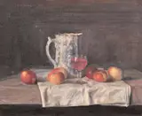 A still life of a blue and white jug and other objects on a by George Weissbort, oil on canvas, sold Jun 2024
