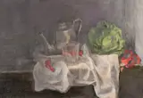 A still life study of a lettuce and other objects on a tabletop by George Weissbort, oil on canvas, sold Jun 2024