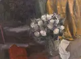 A still life study of a flowers in a vase and other objects on a by George Weissbort, oil on canvas, sold Jun 2024