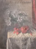 A still life featuring white flowers and red apples by George Weissbort, oil on canvas, sold Jun 2024