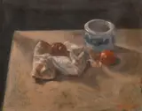 A still life of a blue and white pot and other objects by George Weissbort, oil on board, sold Jun 2024