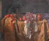 A still life of a wine glass and a basket of grapes by George Weissbort, oil on canvas, sold Jun 2024