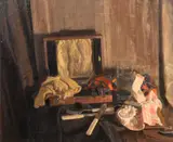 A still life of mixed objects including cutlery by George Weissbort, oil on canvas, sold Jun 2024