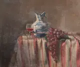 A still life of a blue and white vessel alongside wine glass and by George Weissbort, oil on canvas, sold Jun 2024