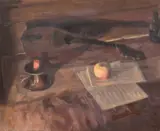 A still life of a mandolin and sheet music by George Weissbort, oil on canvas, sold Jun 2024
