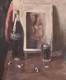A still life of a coke bottle and an image of a topless female by George Weissbort, oil on canvas, sold Jun 2024