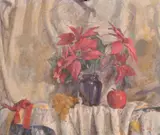 A still life of a red flowers and fruit by George Weissbort, oil on canvas, sold Jun 2024