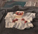 A still life of strawberries on a white cloth by George Weissbort, oil on canvas, sold Jun 2024
