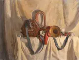 A still life study of musical instruments by George Weissbort, oil on canvas, sold Jun 2024