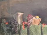 A still life study of a jug flanked by grapes by George Weissbort, oil on canvas, sold Jun 2024