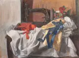 A still life study of a sewing machine and fabric by George Weissbort, oil on canvas, sold Jun 2024