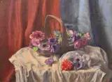 A still life study of a basket of flowers by George Weissbort, oil on canvas, sold Jun 2024