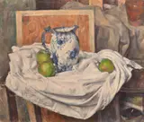 A still life of a blue and white jug with apples by George Weissbort, oil on canvas, sold Jun 2024