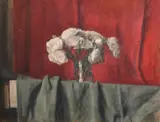 A still life of white flowers on a red background by George Weissbort, oil on canvas, sold Jun 2024