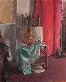 A still life of a violin and bow on a chair by George Weissbort, oil on canvas, sold Jun 2024