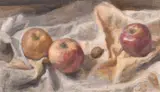 A still life of three apples on a white cloth by George Weissbort, oil on canvas, sold Jun 2024