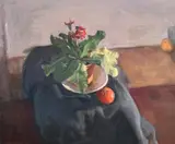 A still life study of a geranium in a pot on a table top by George Weissbort, oil on canvas, sold Jun 2024