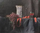A still life of grapes and a blue and white jug on a dark blue by George Weissbort, oil on canvas, sold Jun 2024