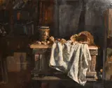 A still life of root vegetables and an earthenware urn on a by George Weissbort, oil on board, sold Jun 2024